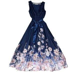 FEHAUTE Women Navy‎ Blue Floral Print Sleeveless V Neck Maxi Dress Belted Size 4